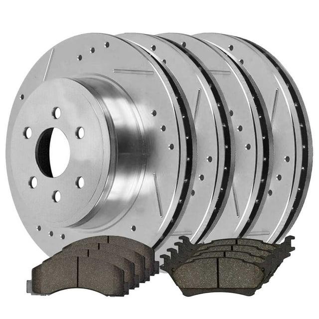 AutoShack Front and Rear Drilled Slotted Brake Rotors Silver